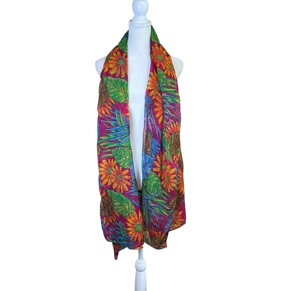 VTG Floral Print Large Rectangle Wrap Scarf 72x42 Semi Sheer Boho Shawl Colorful